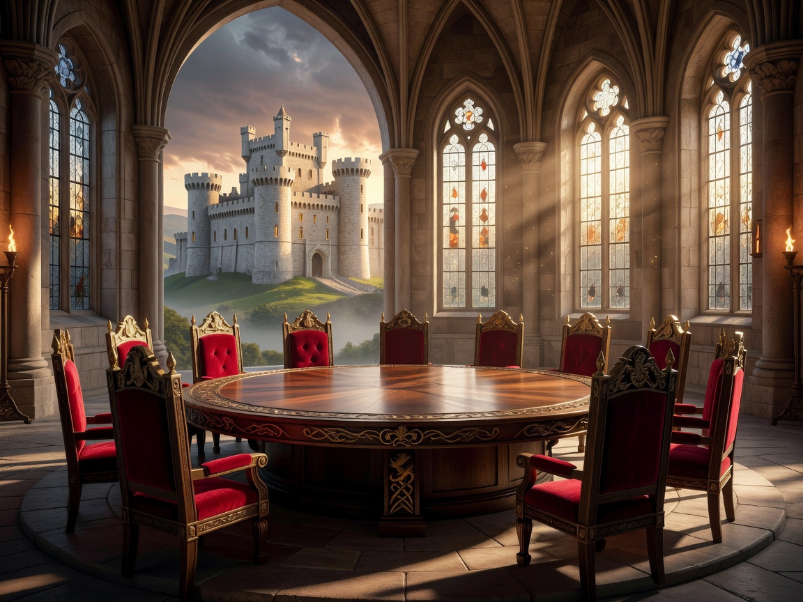 A majestic view of the Camelot castle and legendary round table from our social casino game
